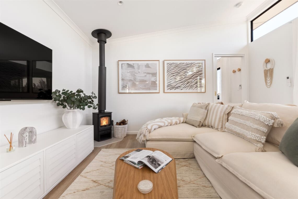 Living & lounge room including 50inch TV & Wood Fire